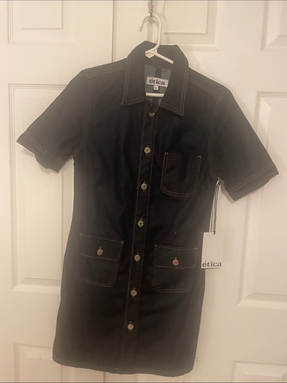 Etica Indigo Blue Short-Sleeve Button-Front Mini Dress with Contrast Stitching